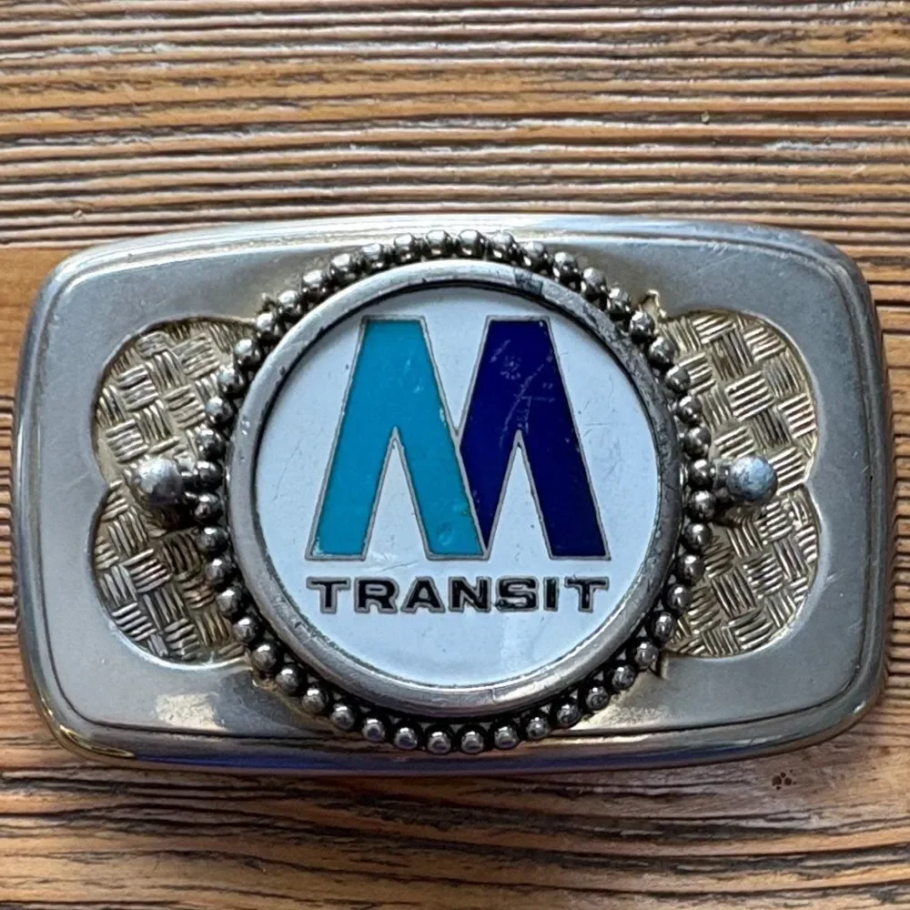 Vintage M Transit Logo Silver and Blue Belt Buckle